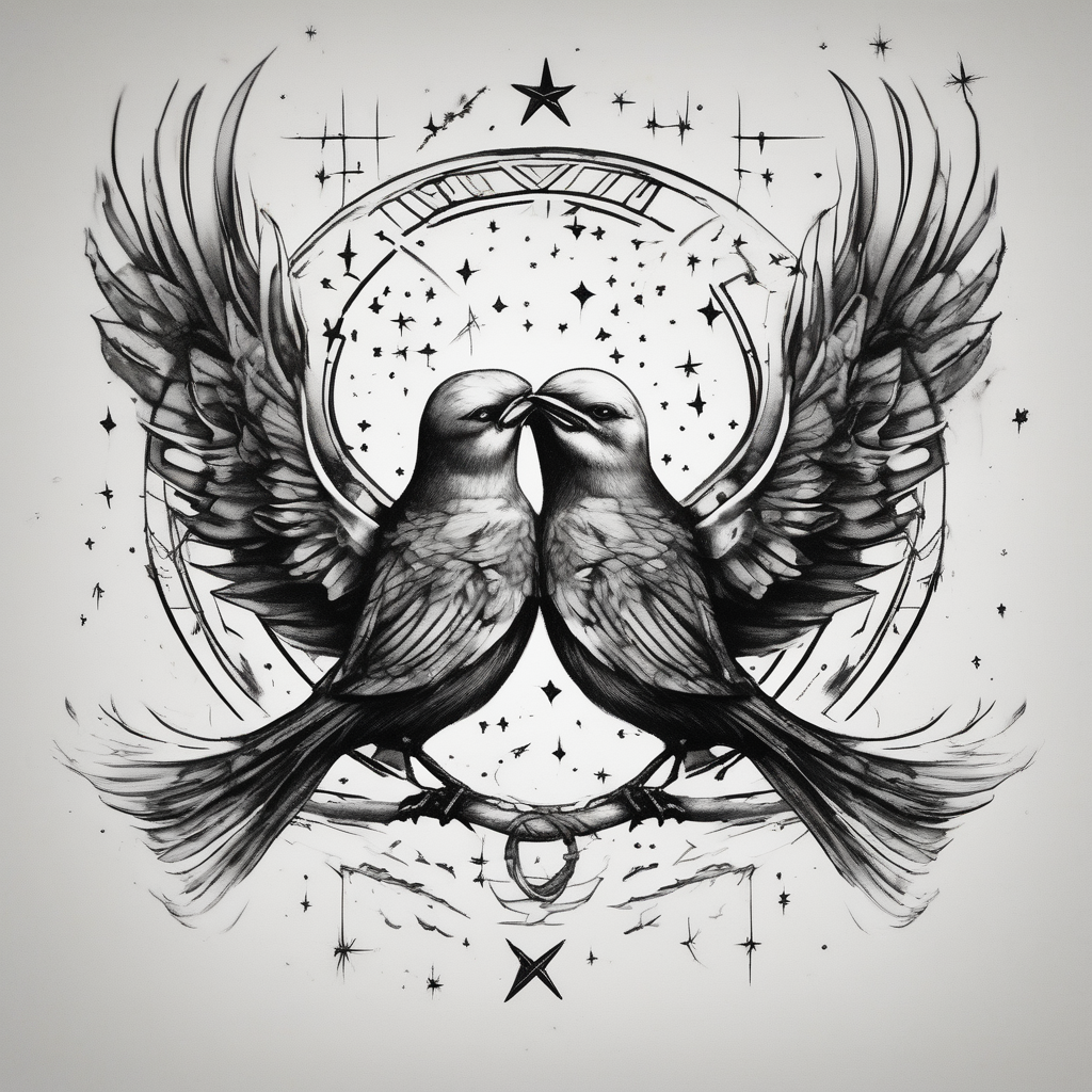 two birds sitting, stars and infinite theme couples tattoo glitter tattoo, AI-generated Sketch tattoo design